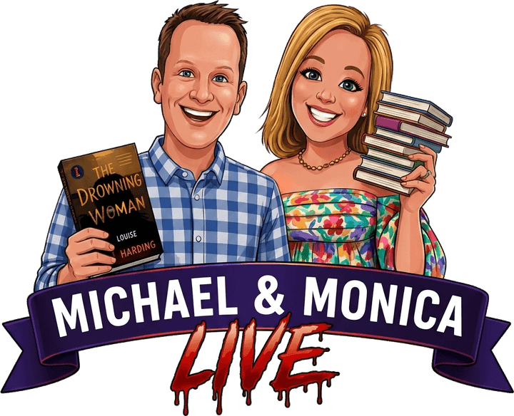 Michael & Monica LIVE — cartoon caricatures of the two hosts holding thriller books above a ribbon banner